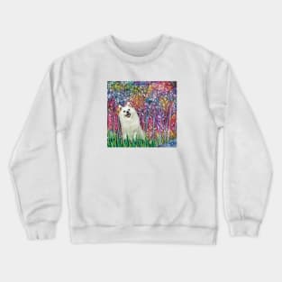 Japanese Spitz and Bluebird in "Forest in Bloom" Crewneck Sweatshirt